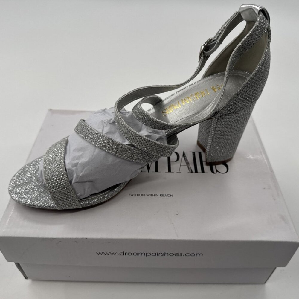 Dream Pairs Chunk Heel Shoes Womens 7 Silver Glitter Pumps Open Toe Party NEW